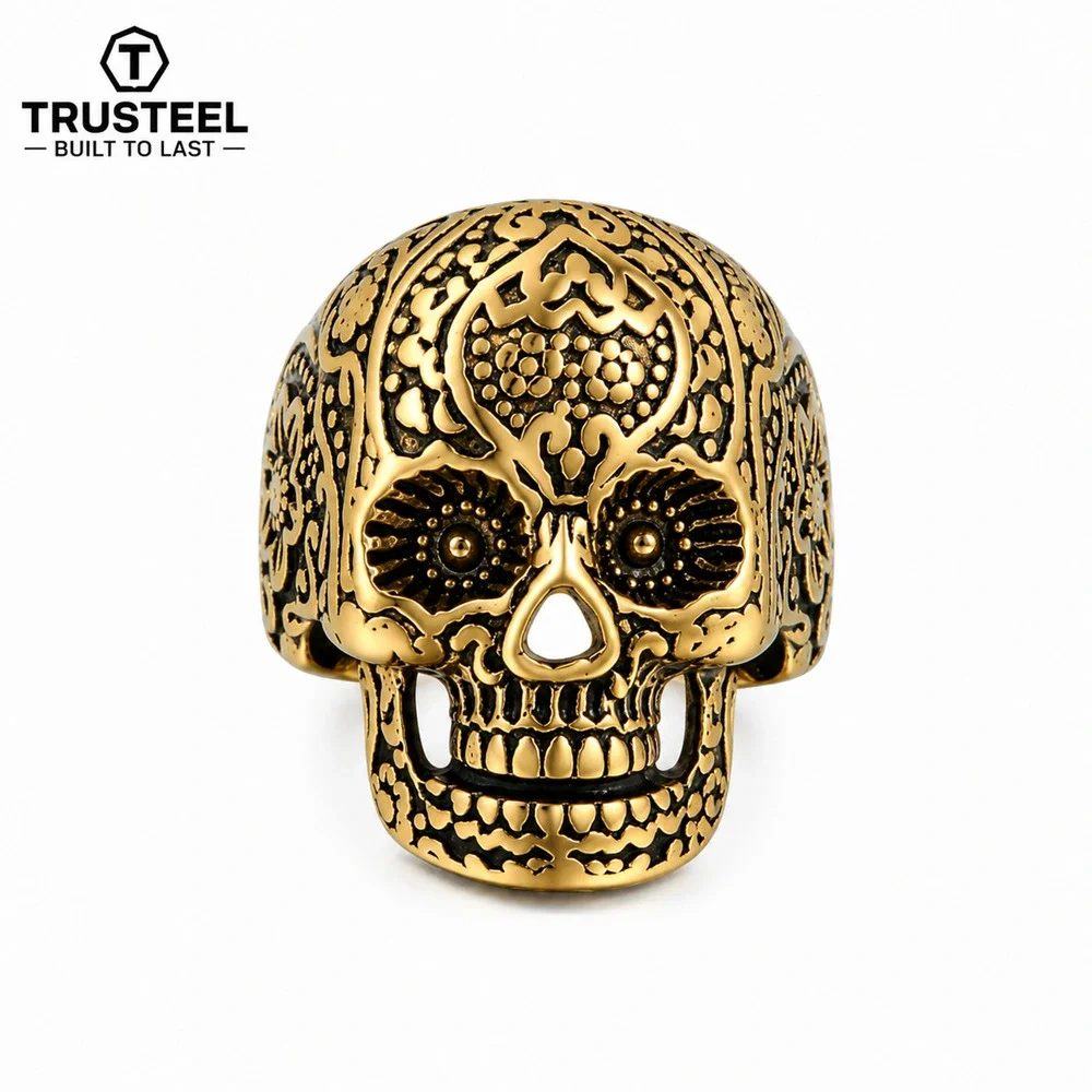 Gold Skull Ring 316L Stainless Steel Sugar Skull Gothic Biker Men’s ring size 11
